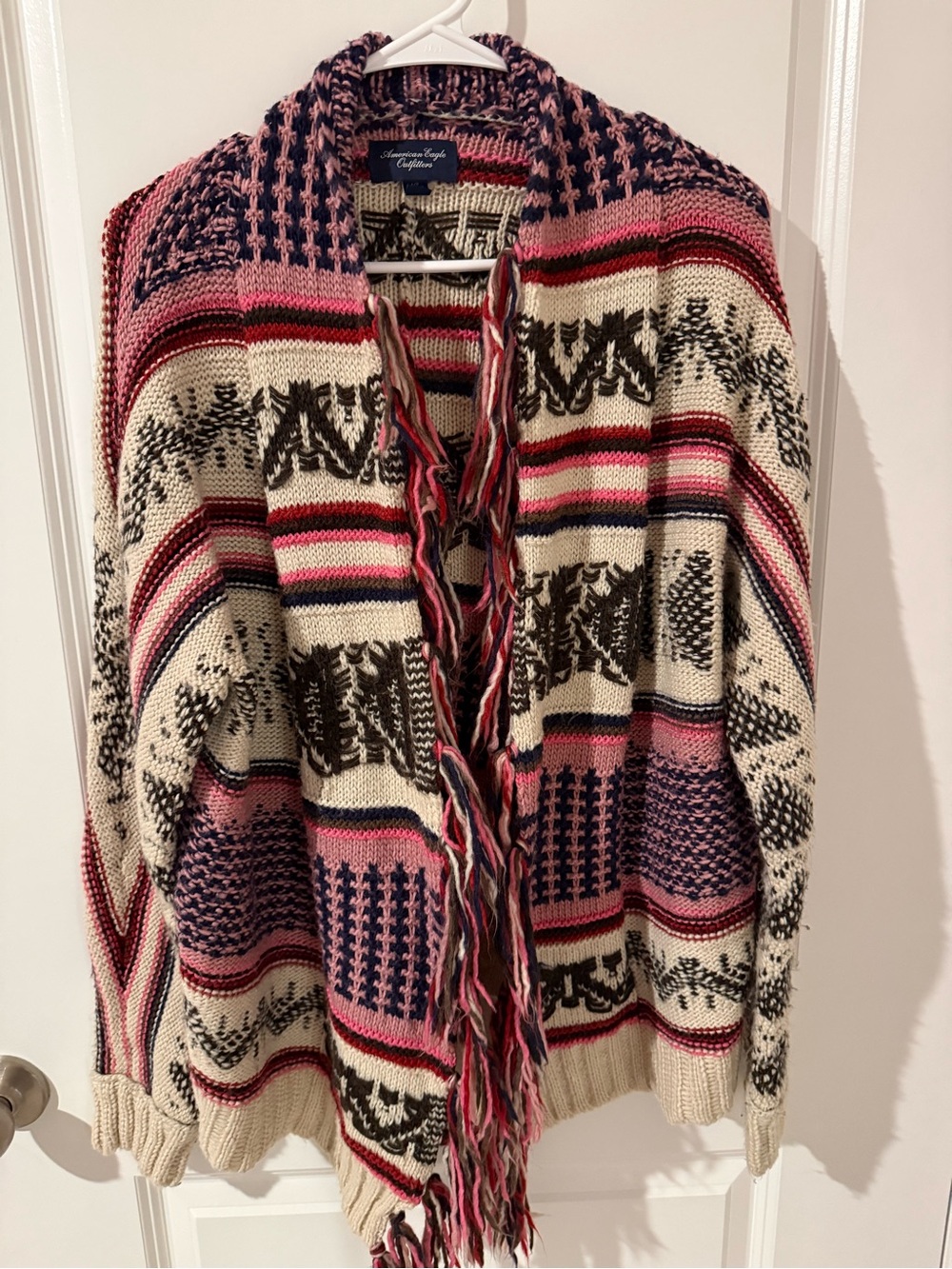 American Eagle Outfitters Pink, Cream & Navy Patterned Fringe Cardigan